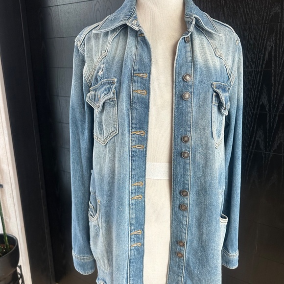 Free People - Moonchild Distressed Denim Long Shirt Jacket XS - Picture 8 of 15